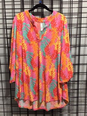 Tropical Leaf V-Neck Tunic in Bright Pink